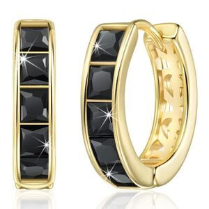 14K Yellow Gold with Black Onyx Cubic Zirconia Princess Cut Huggie Earrings